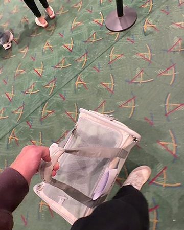 A soft-sided cat carrier held by hand above the patterned carpet at Portland International Airport